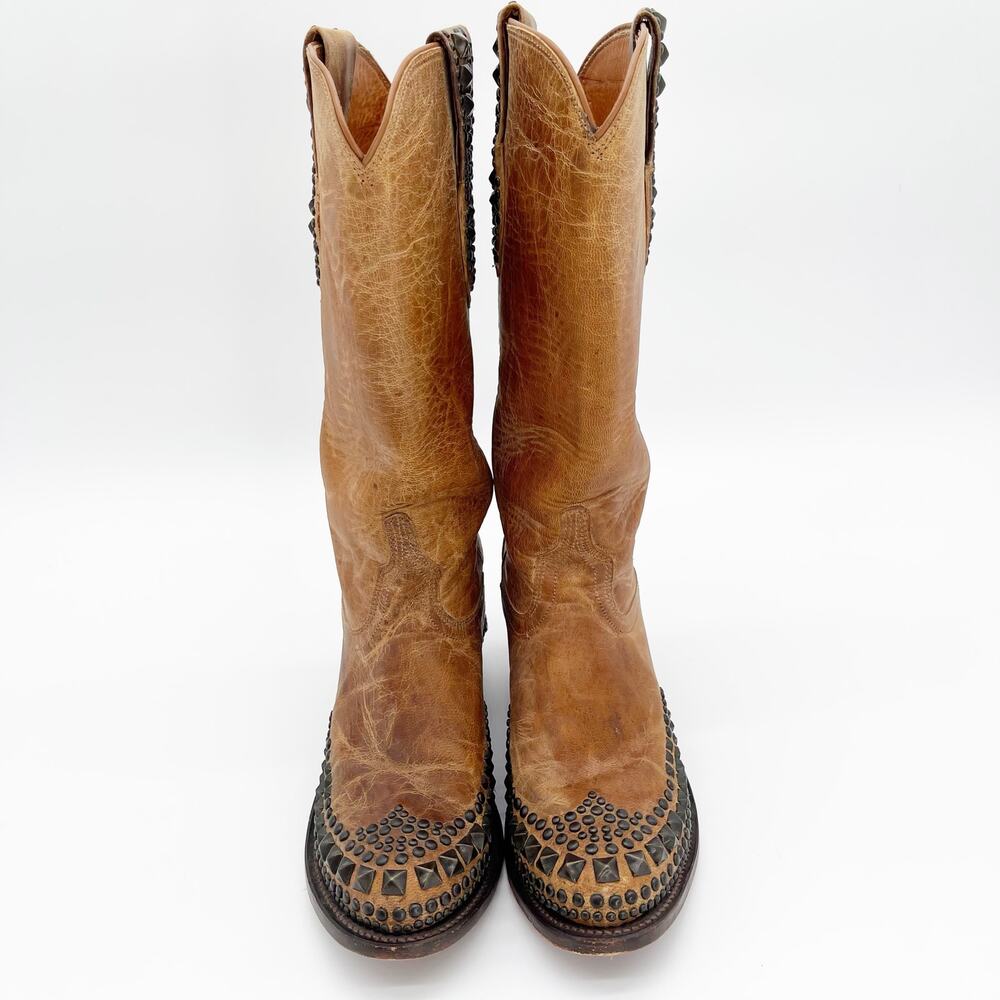Lucchese Tan Studded Leather Heeled Cowboy Boots - Picture 5 of 11